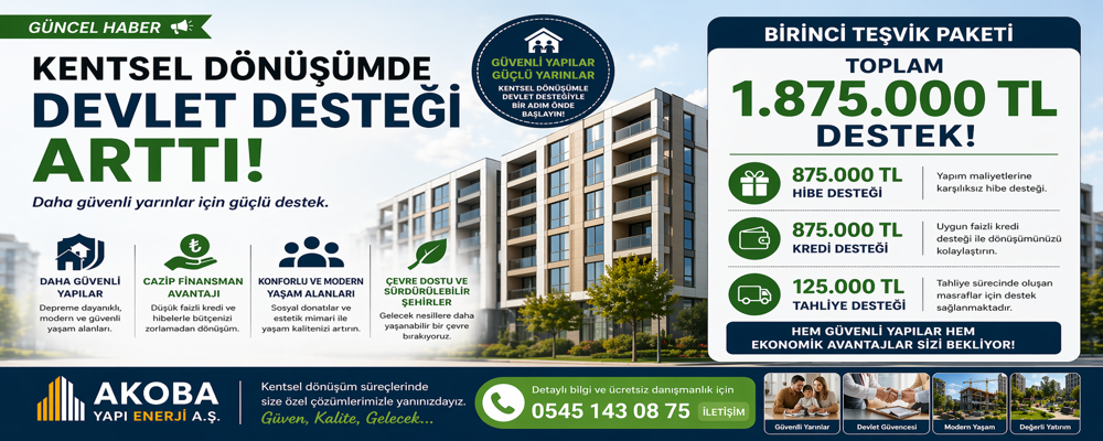 1 KONUT İÇİN 1 MİLYON 875 BİN TL DESTEK 